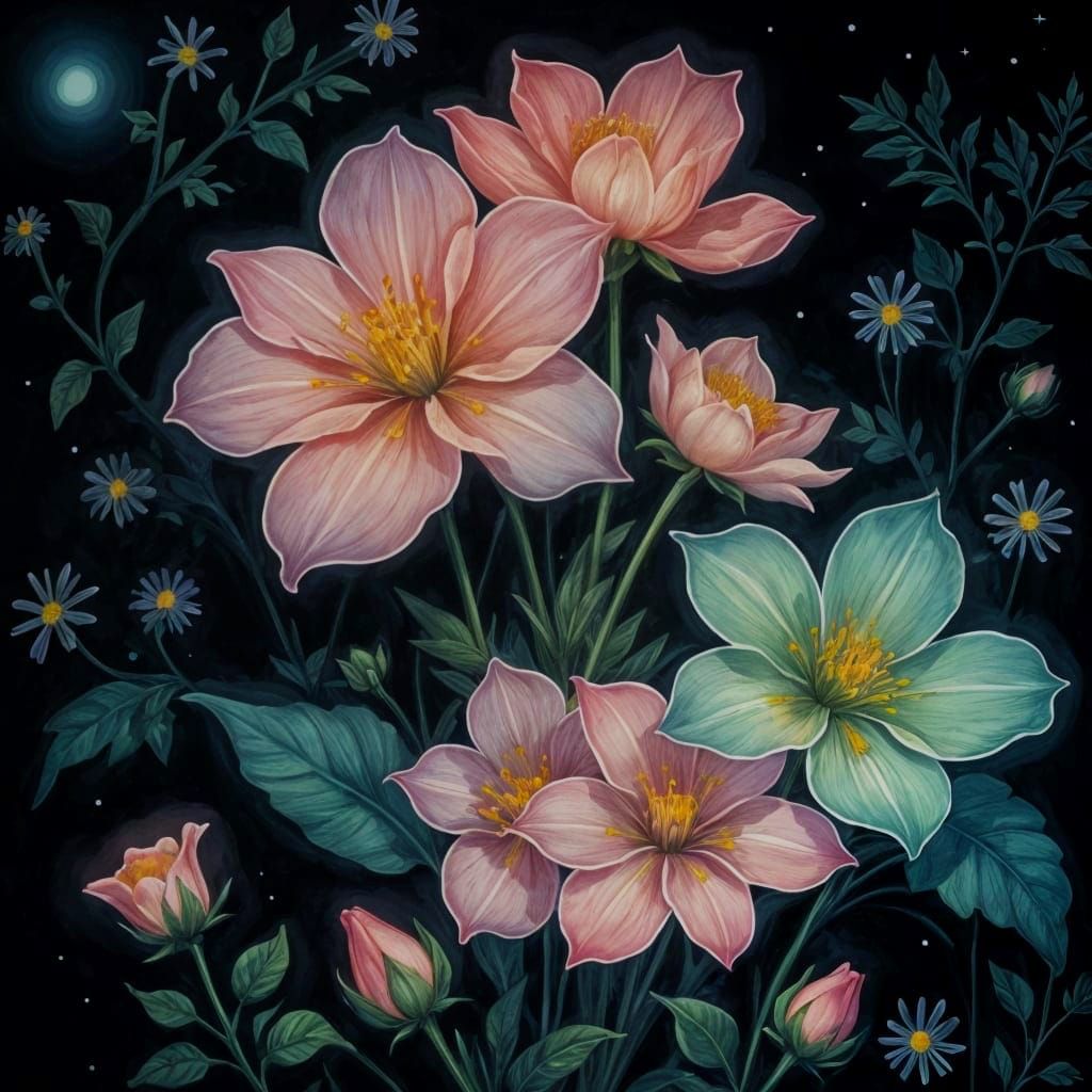 Luminous Pastel Illustration of Night Flowers