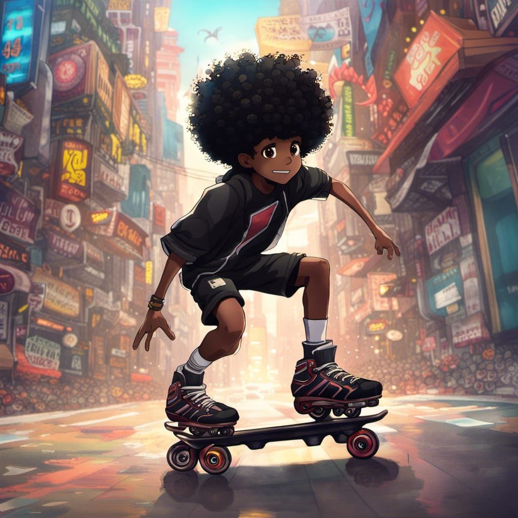 Anime Boy with Afro on Roller Blades
