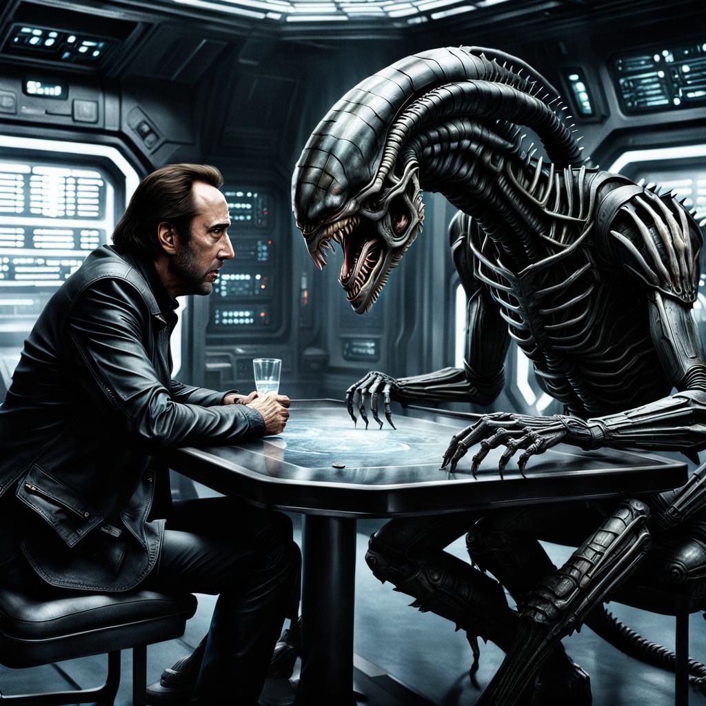 Nicolas Cage and a Xenomorph discussing