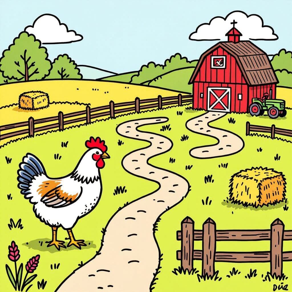 Chicken's Farm Maze Adventure: Line-Art Illustration