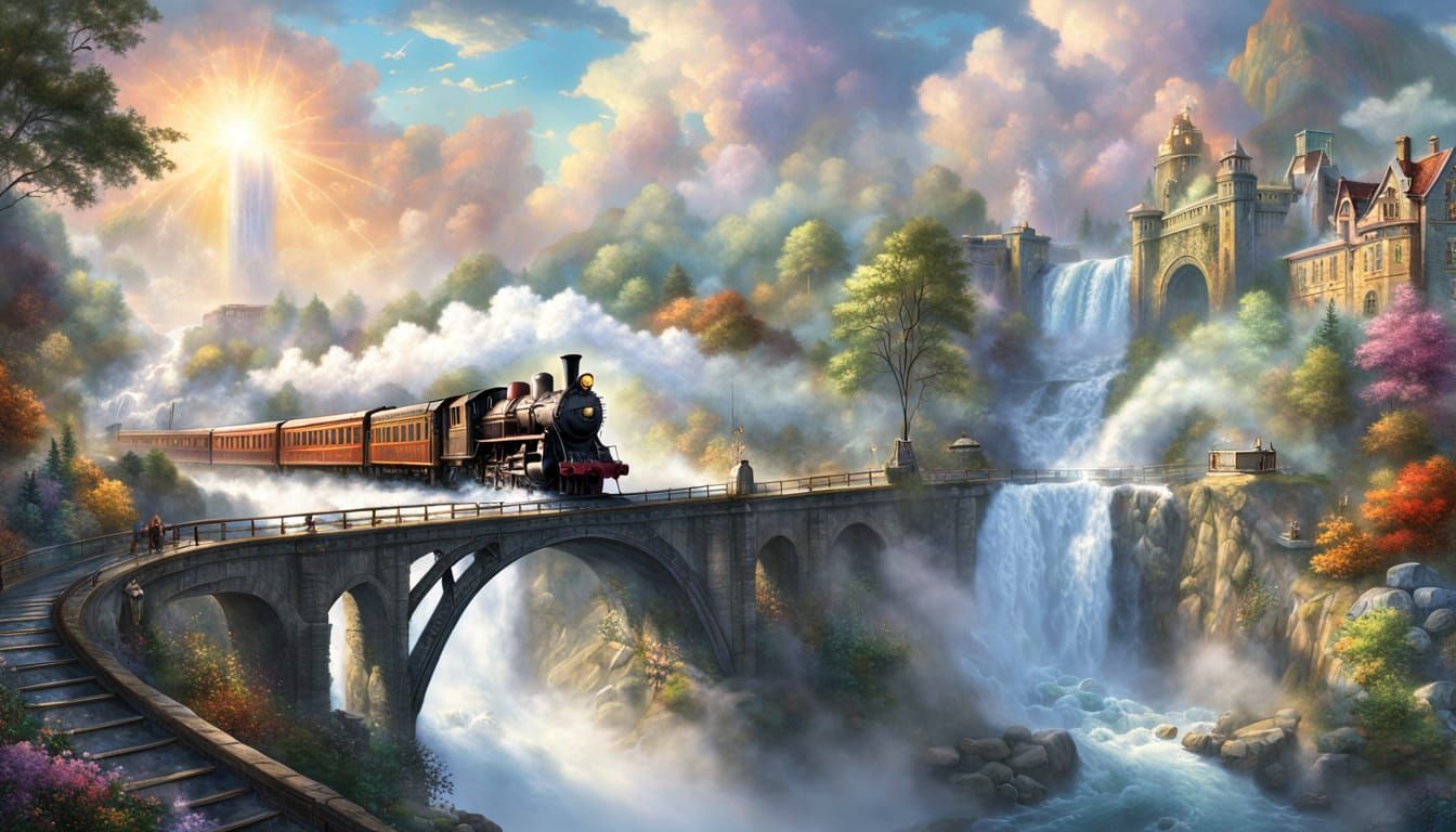 Fantasy Steam Train Over Waterfall in Thomas Kinkade Style
