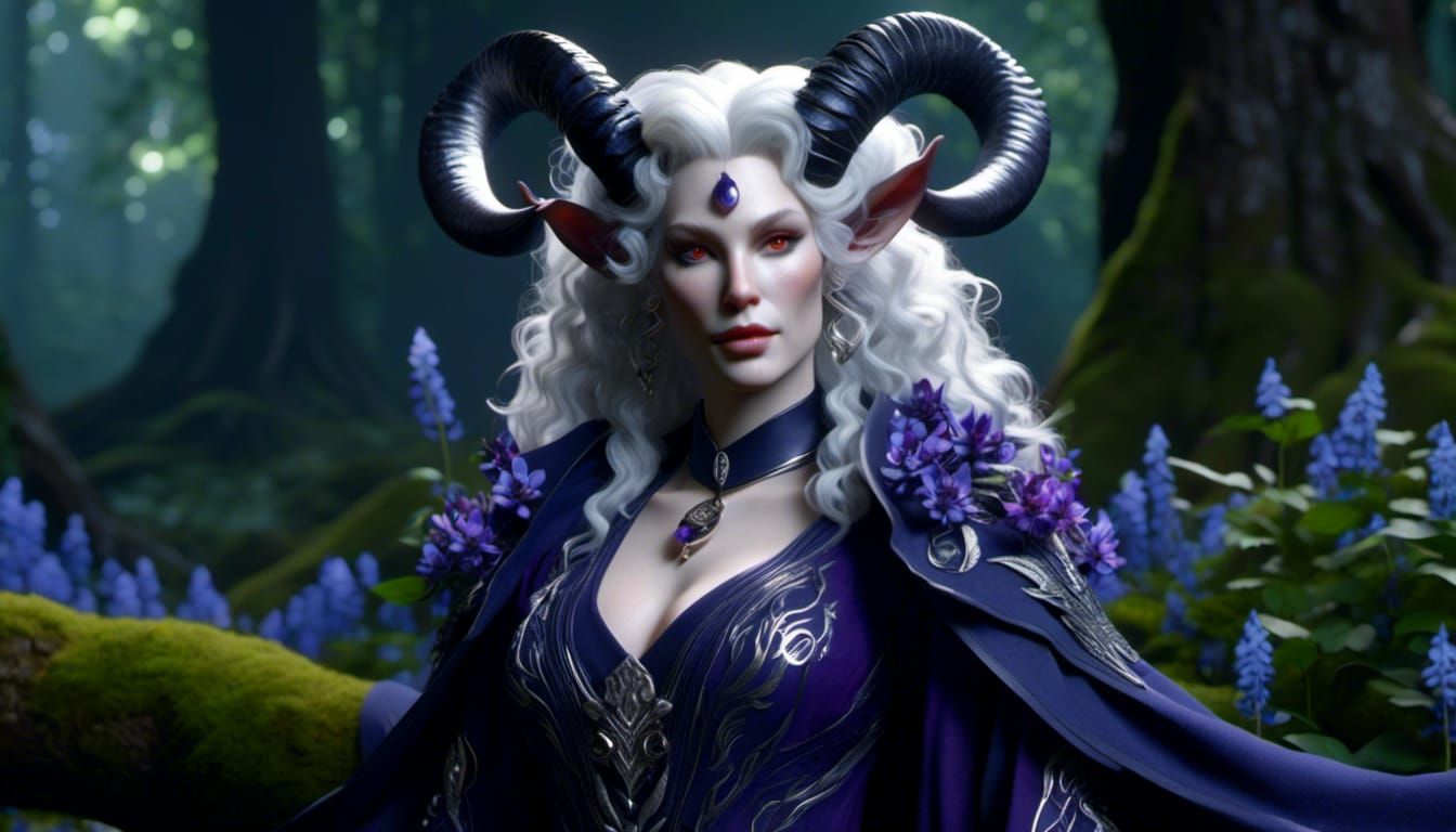 Albino Tiefling Woman in Forest of Bluebells