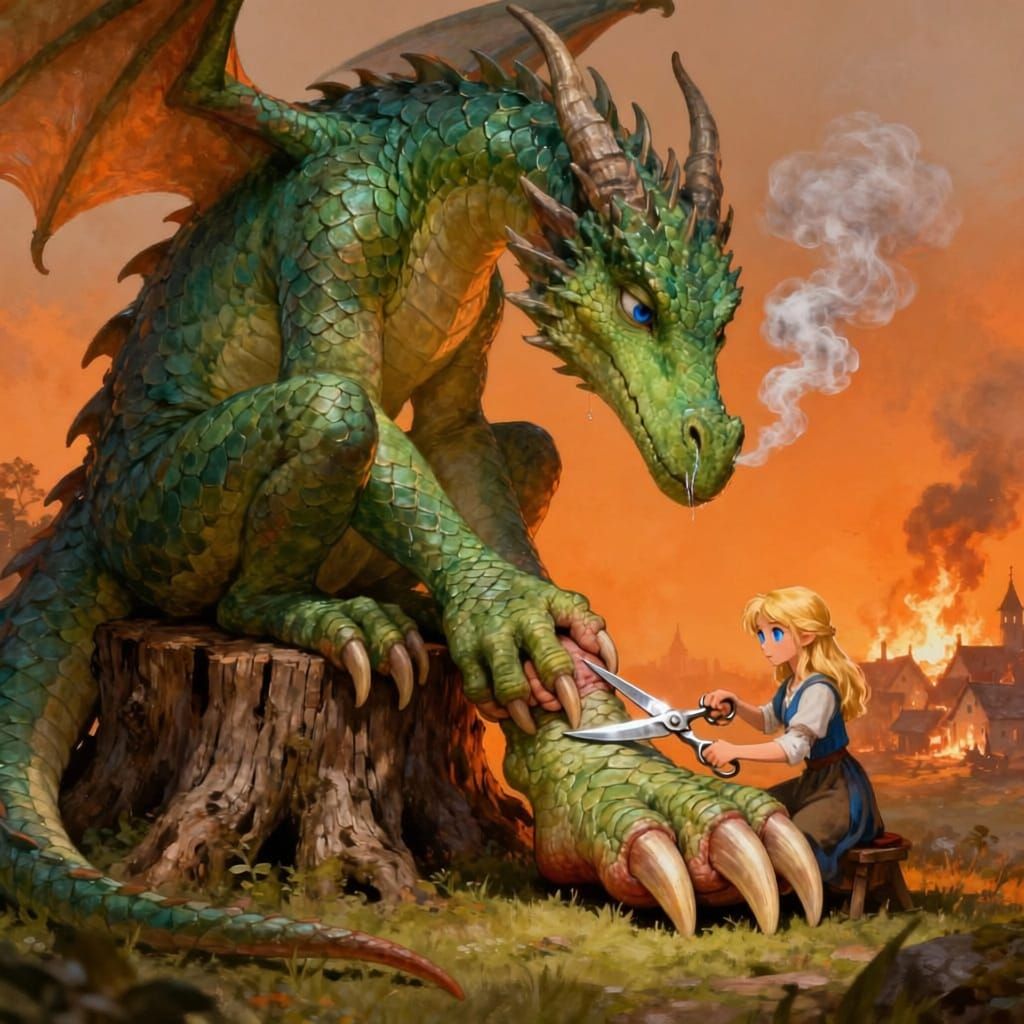 Dragon Cries As Girl Trims His Toenails Near Burning Village