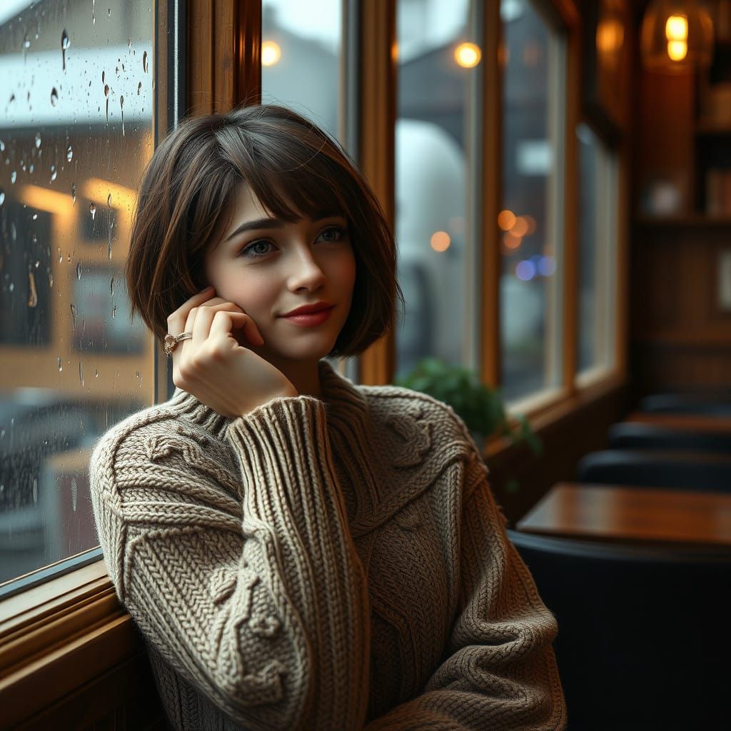 Young Woman Lost in Thought at a Quaint Cafe