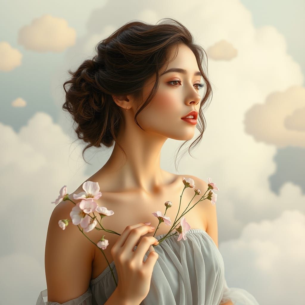 Ethereal Woman with Flowers in Art Nouveau Style