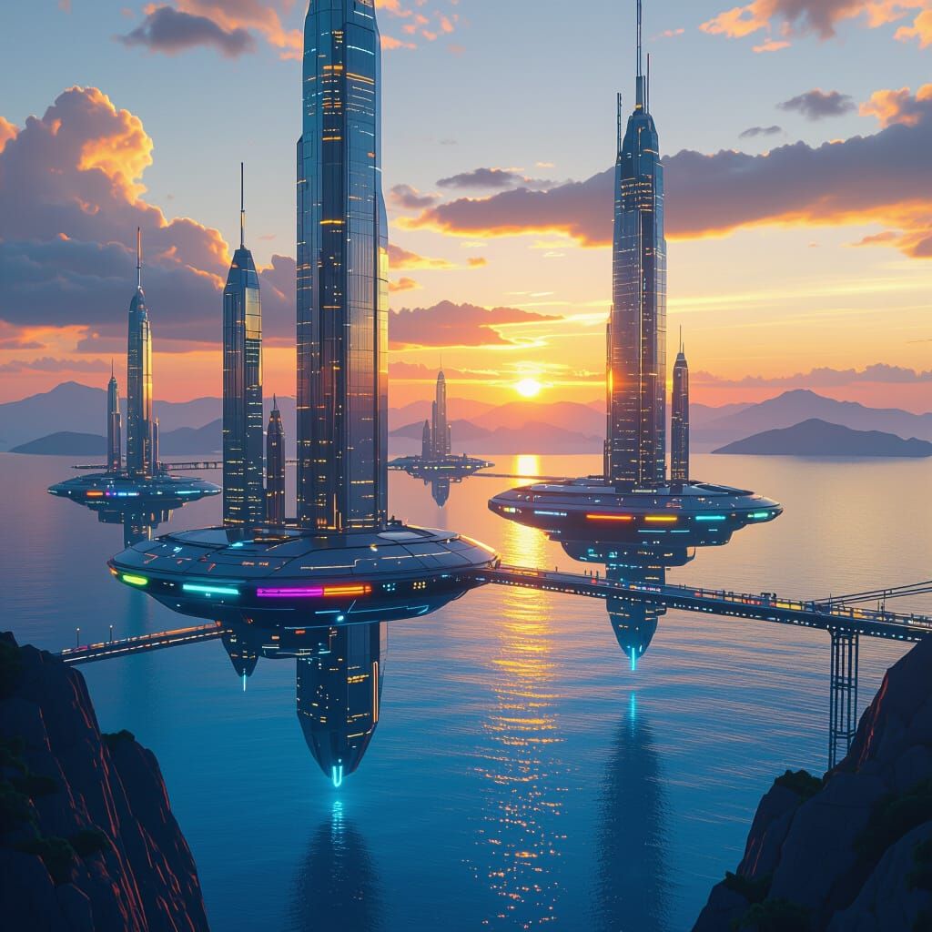 Futuristic Floating City at Sunset in Retro-Futuristic Style