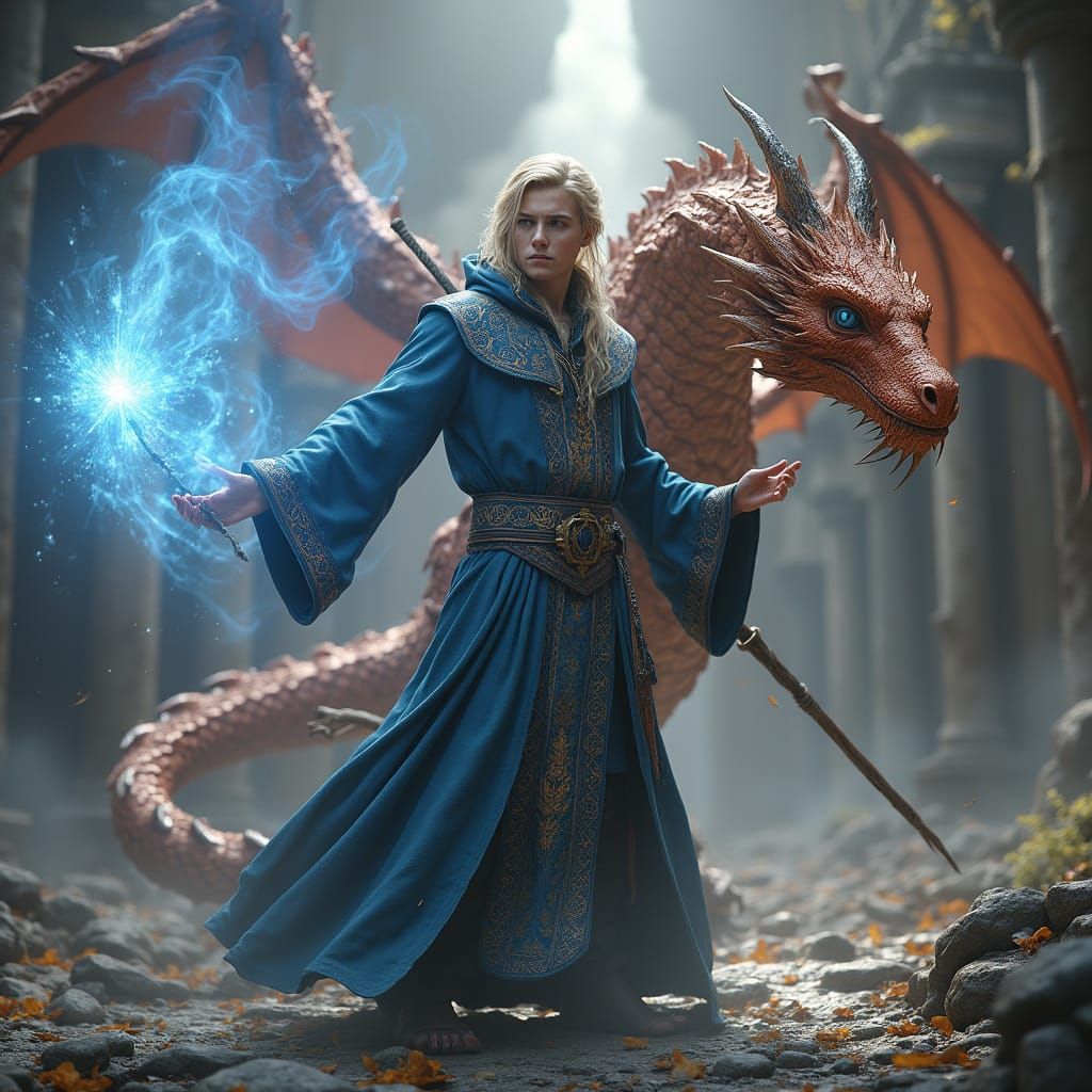 Mystical Wizard Transforms into Copper Dragon in Epic Fantas...