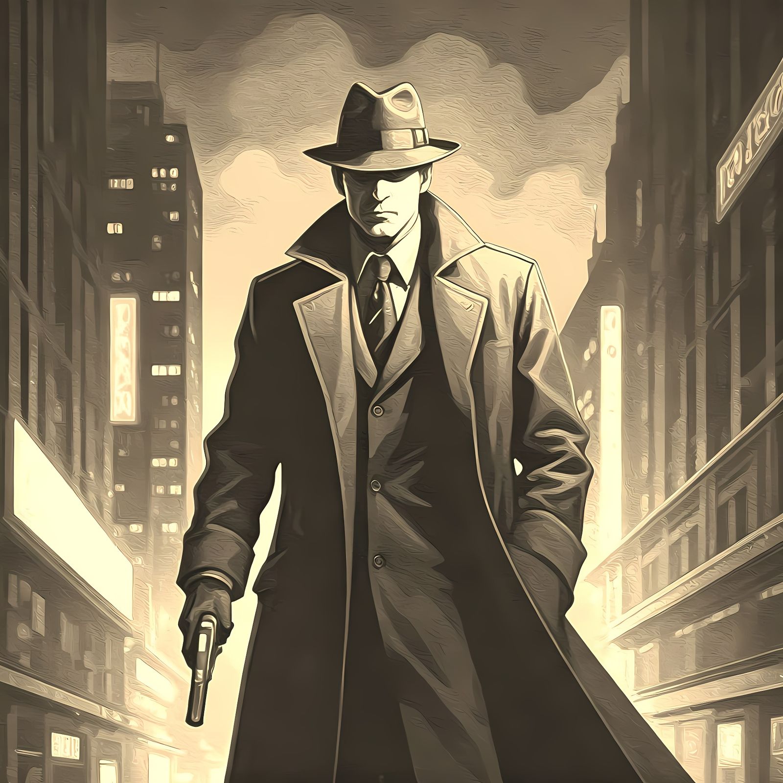 Futuristic Detective in Neon City, Neo-Impressionist Style