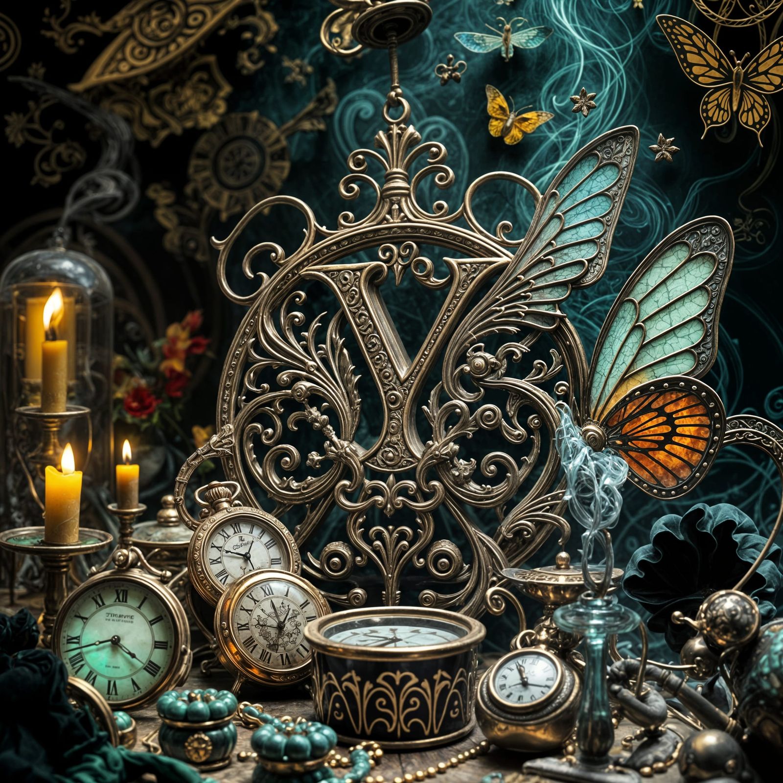 Ethereal Steampunk Monogram in Opulent Art Nouveau Style wit...