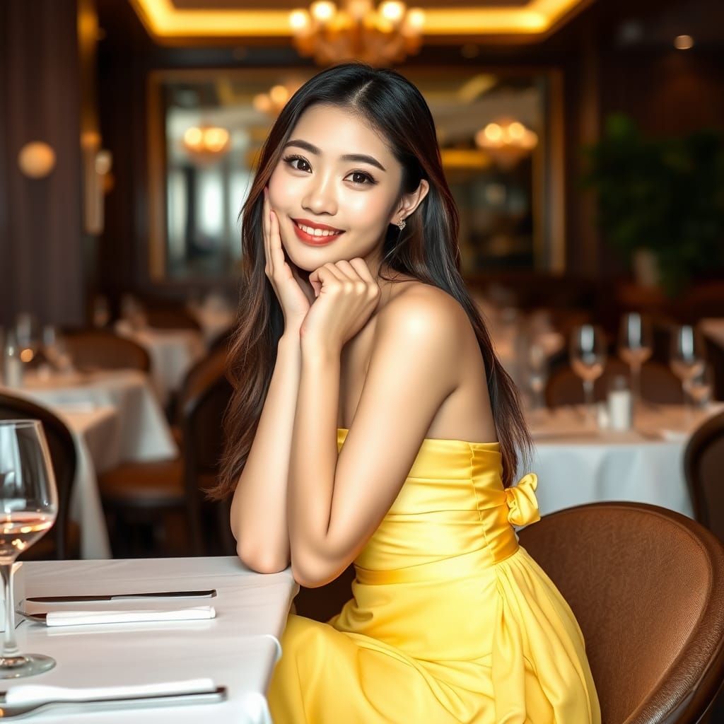 Korean Woman in Yellow Gown in Restaurant