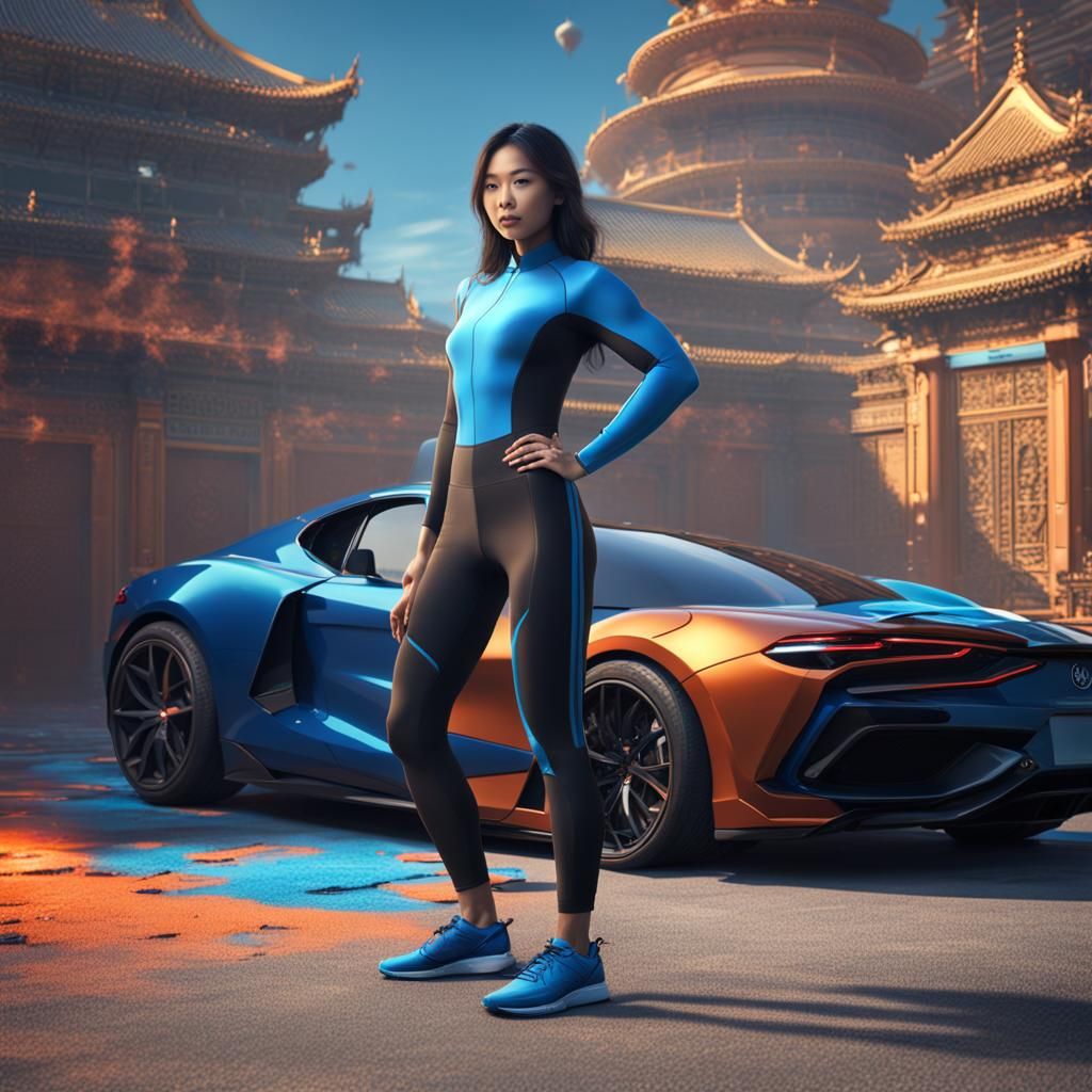 Woman in Spandex Near Blue Car: Digital Art