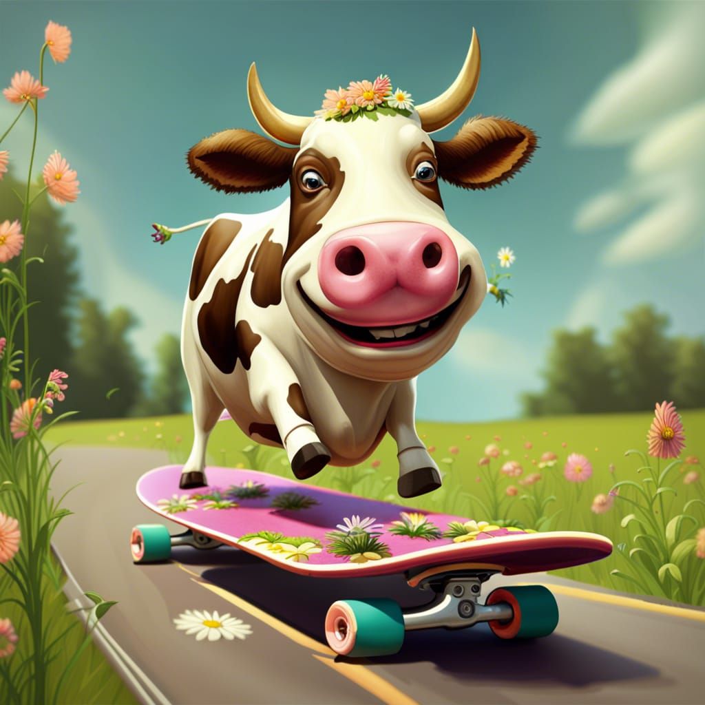 Cow on Skateboard Rides Down Country Road