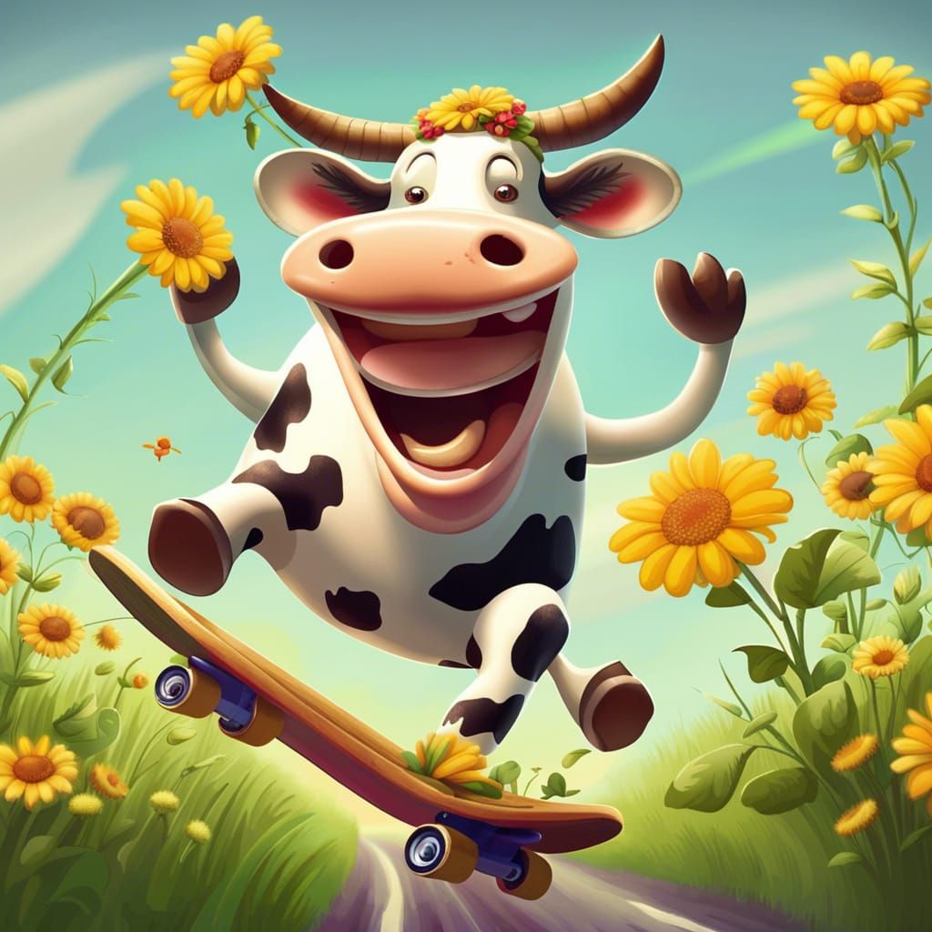Cow Rides Skateboard with Joyful Enthusiasm