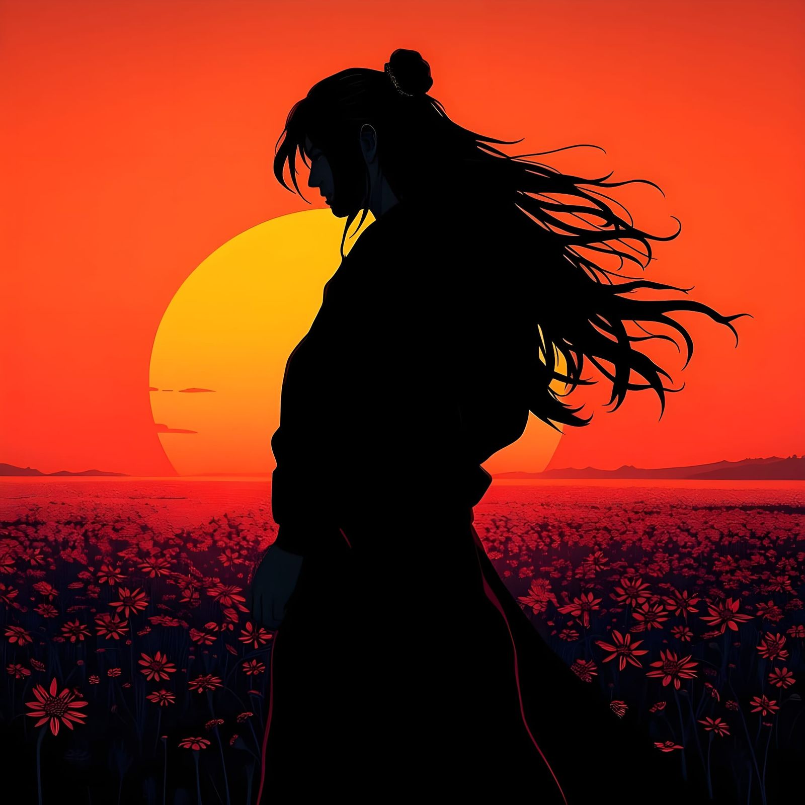 Samurai Silhouetted Against Fiery Sunset