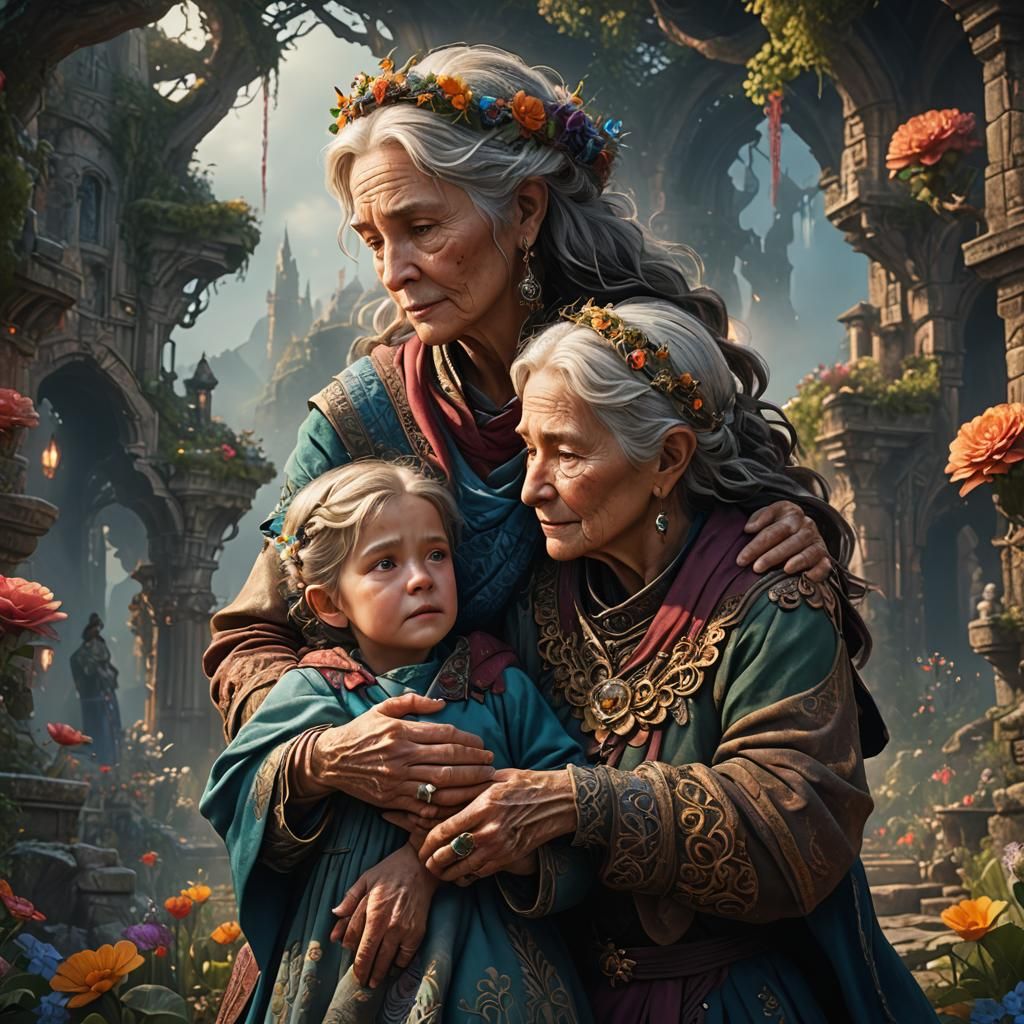 Three Generations of Mothers Embracing: Detailed Matte Paint...