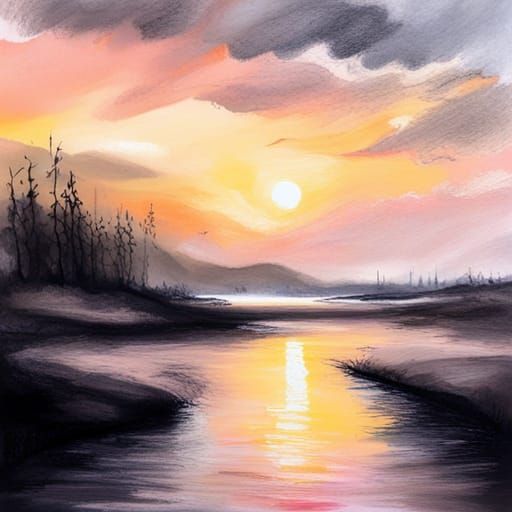 Pastel Sunset Landscape in Ink Painting Style
