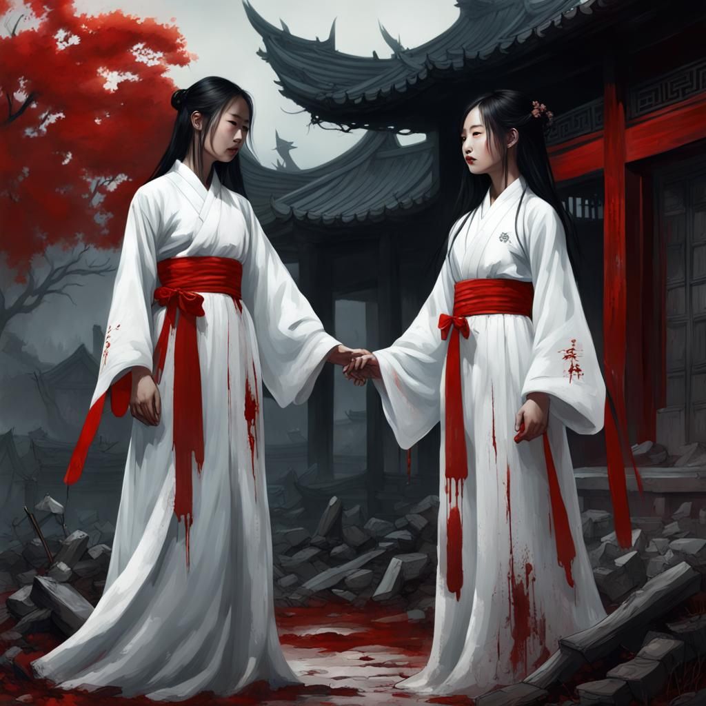 Sinister Garden: Two Girls in White Hanfu