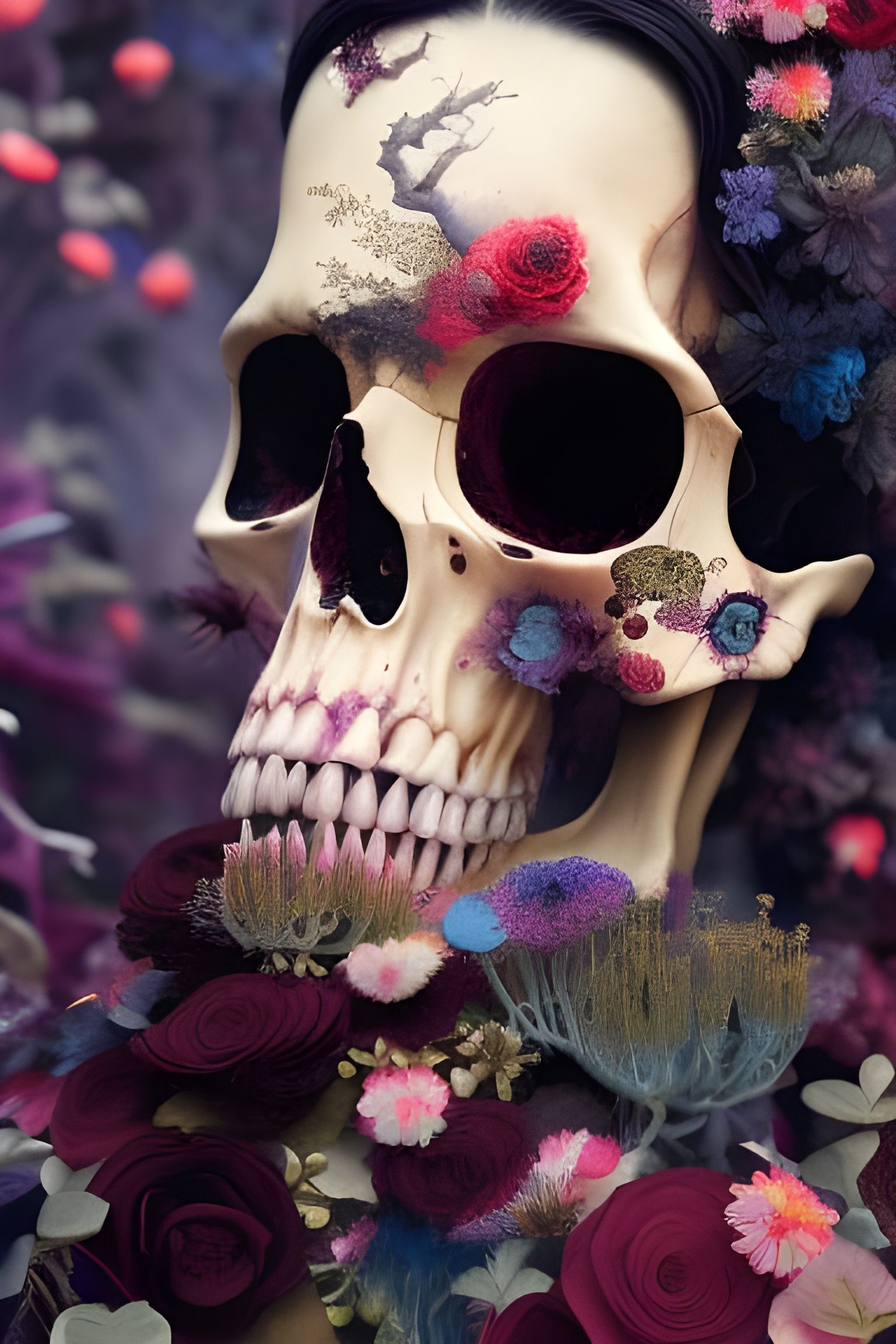 Skull Melts Into Flowers: Hyperdetailed Digital Art