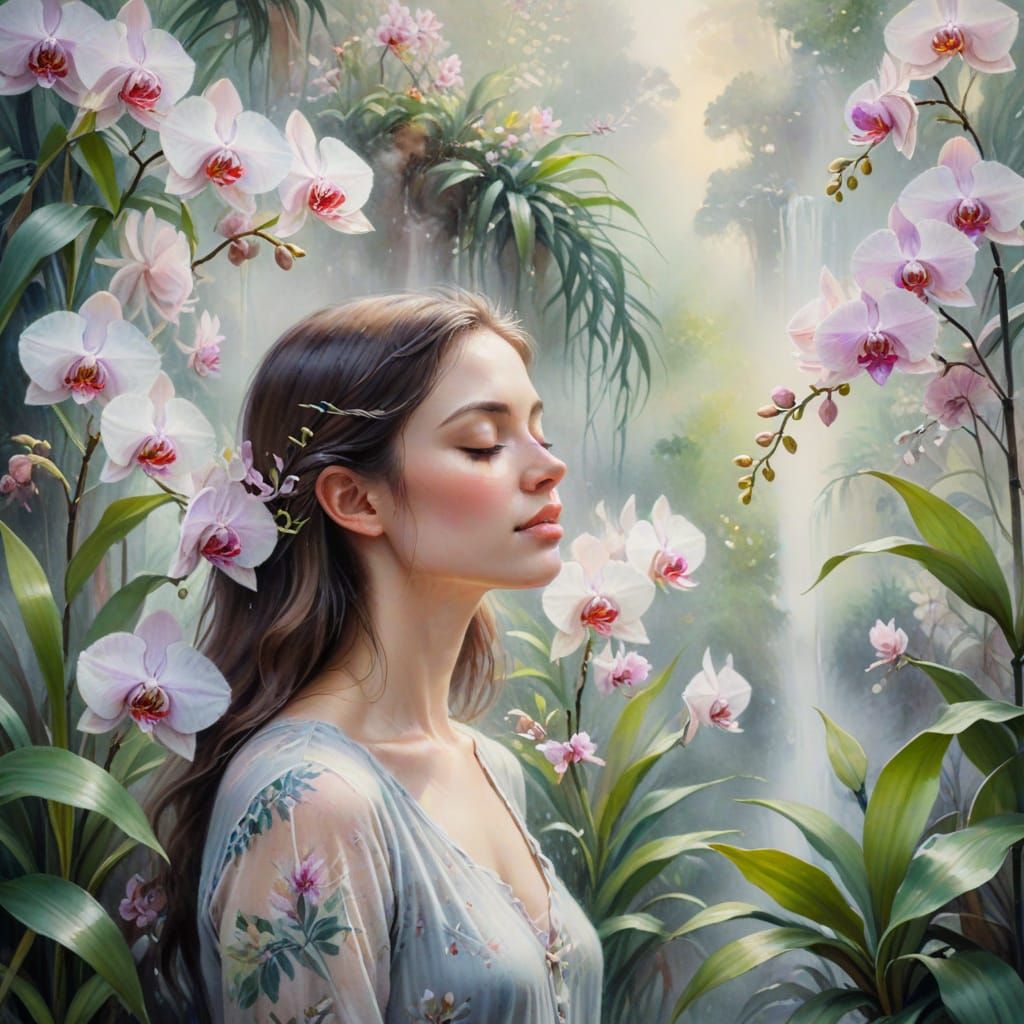 Dreamy Woman Among Orchids: An Impressionistic Watercolor Pa...