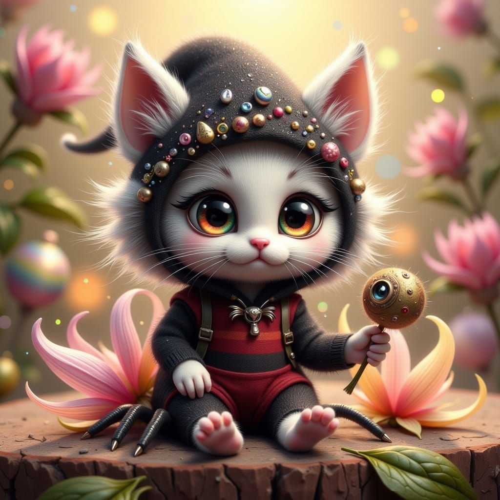 Whimsical Fae Kitten in a Delicate Floral Setting