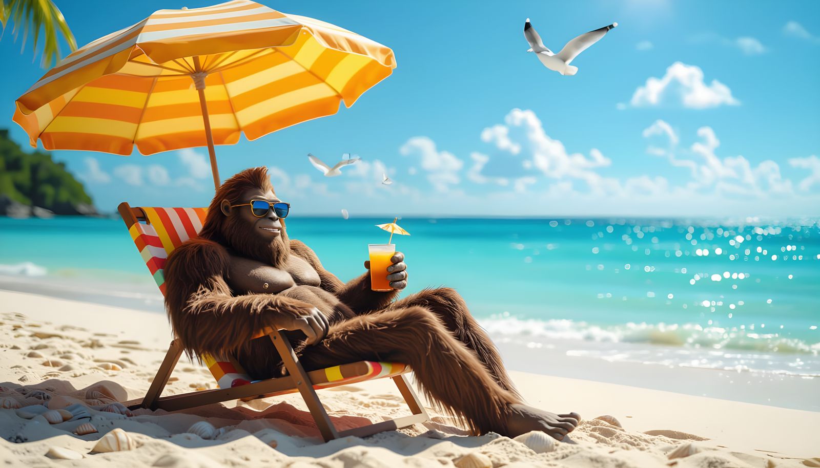 Bigfoot Relaxing on Tropical Beach in Lounge Chair
