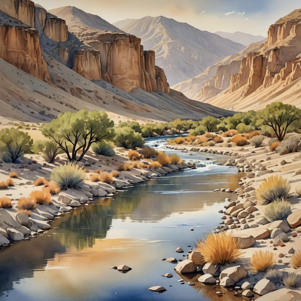 Tabernas Desert River in Watercolor Style
