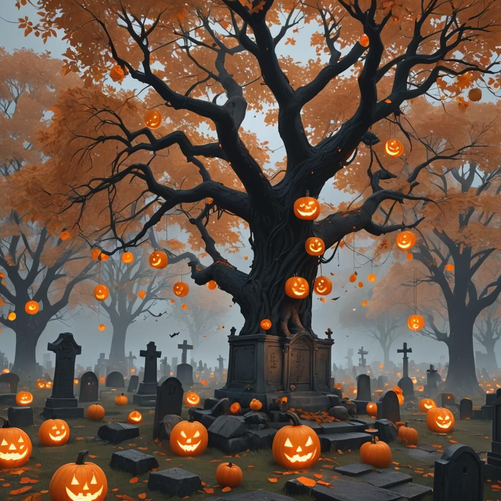 Spooky Halloween Tree with Jack-o'-Lanterns in Anime Style
