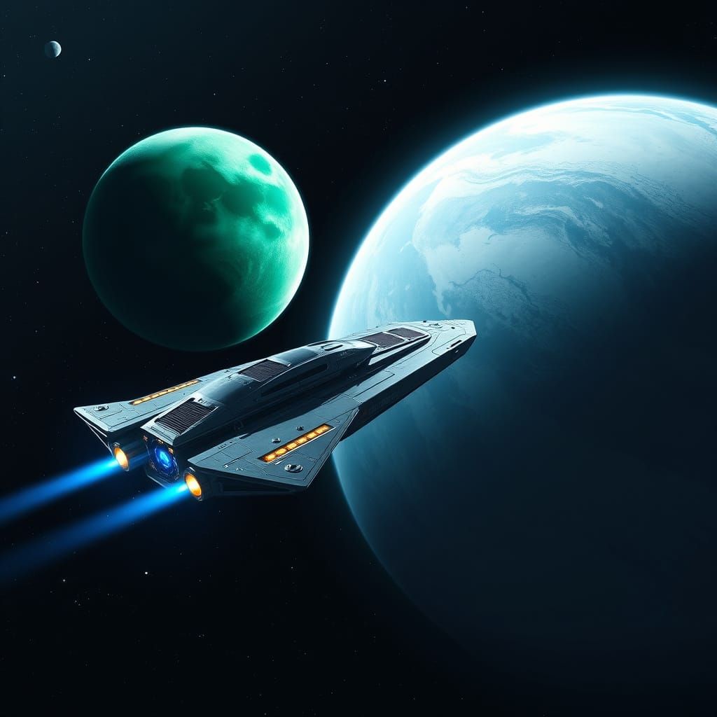 Sleek Spaceship Approaches a Tropical Gas Giant Moon