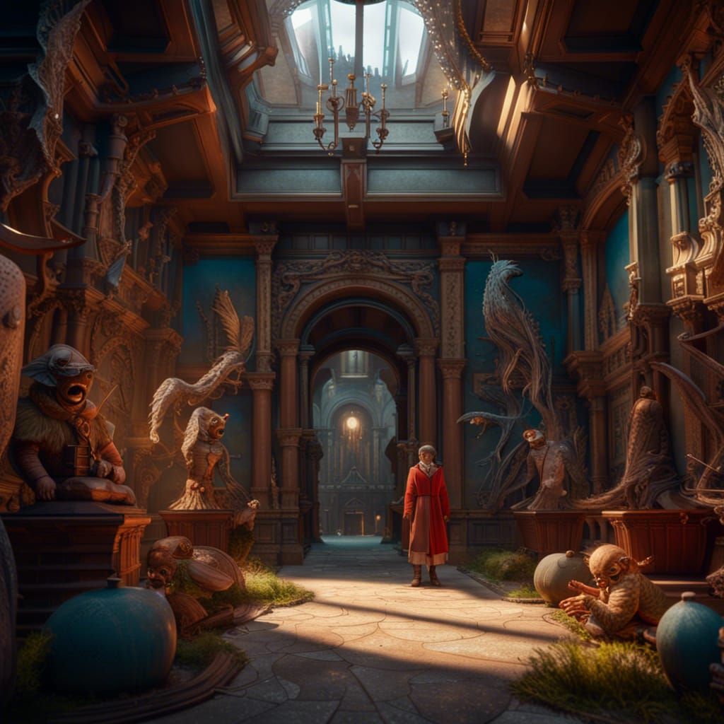 Museum with Animated Movie Characters in Detailed Painting