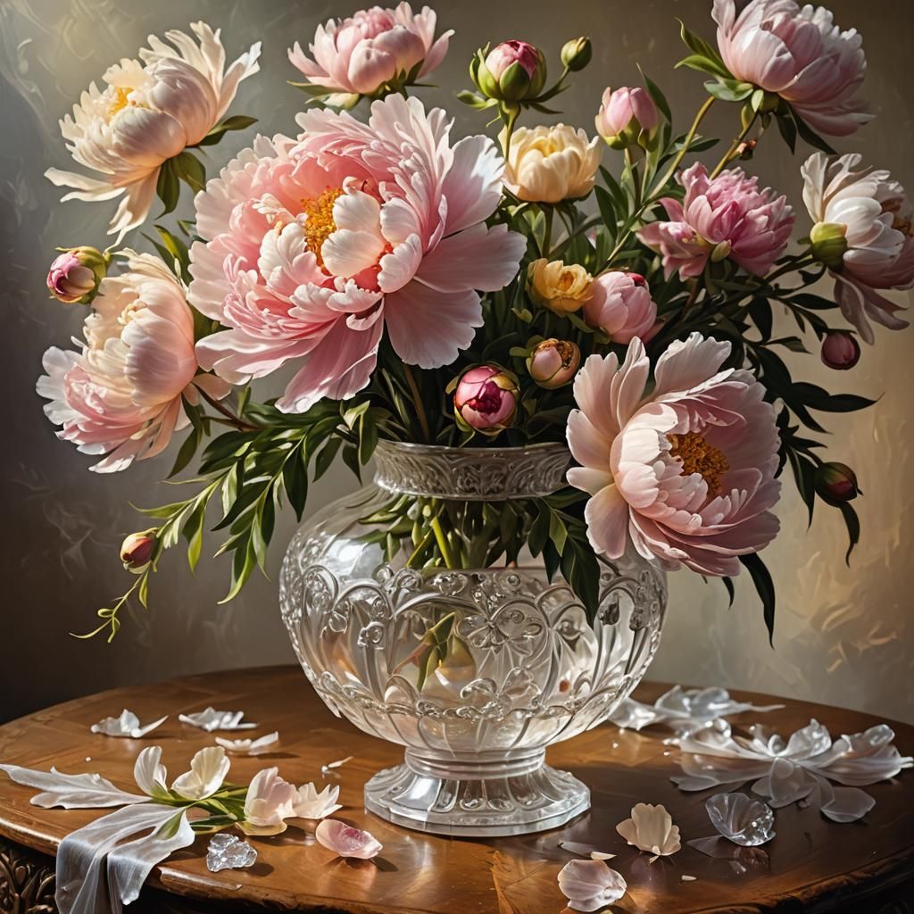 Baroque Peony Still Life in Chiaroscuro Style