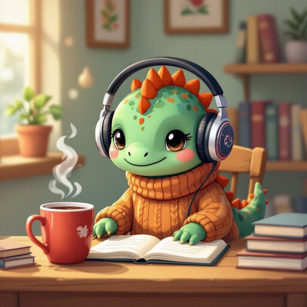Kawaii Dinosaur Studying in Cozy Lo-fi Room