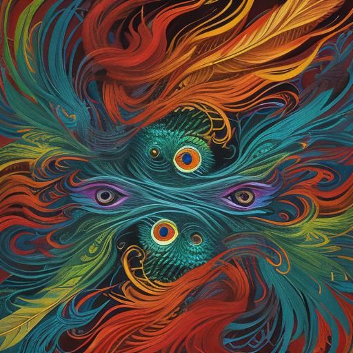 Dragon Woman with Peacock Feathers in Abstract Style