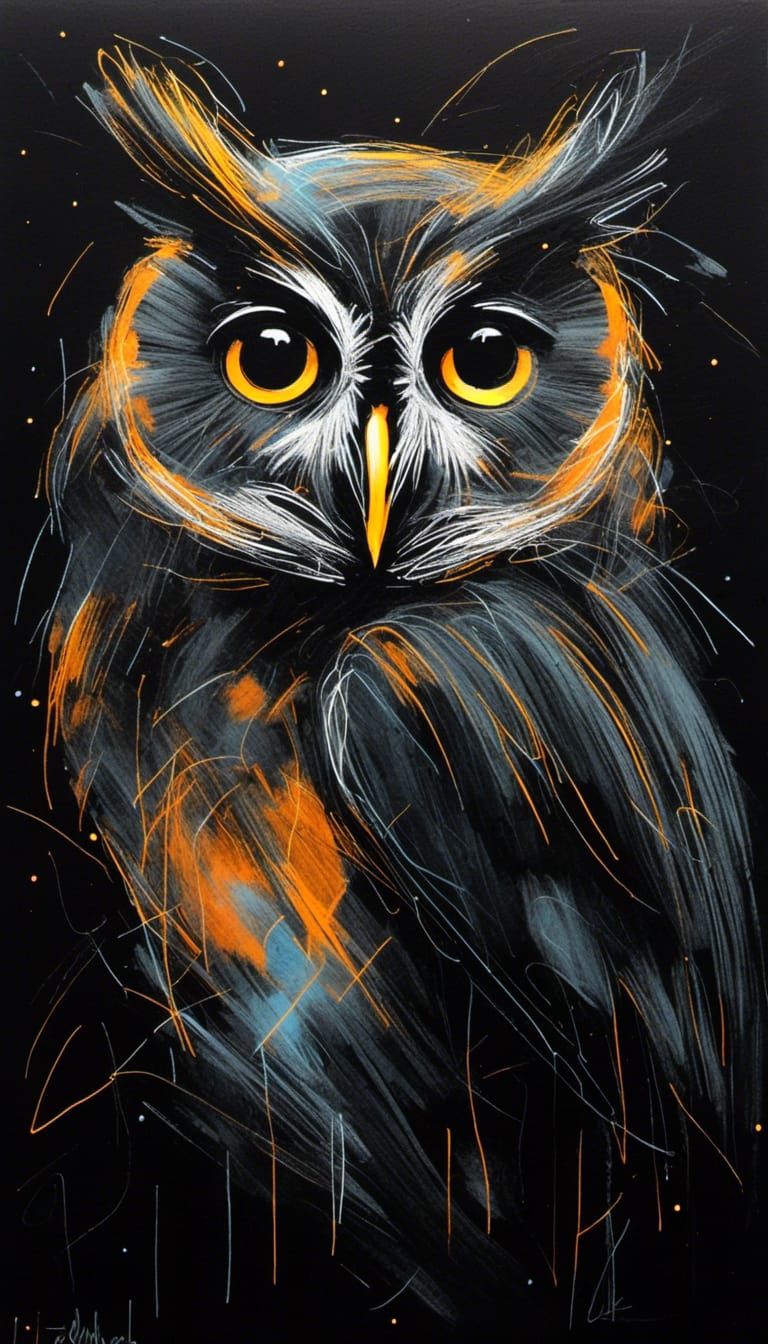 Colorful Owl Portrait with Gilding in Charcoal
