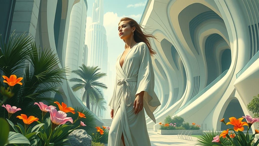 Utopic Future with Serene Woman and Lush Greenery