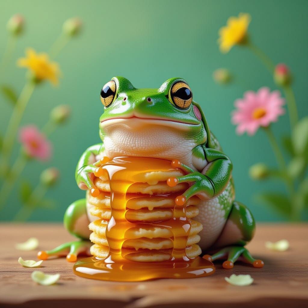 Surreal Frog Enjoys Honey in Hyperrealistic Style