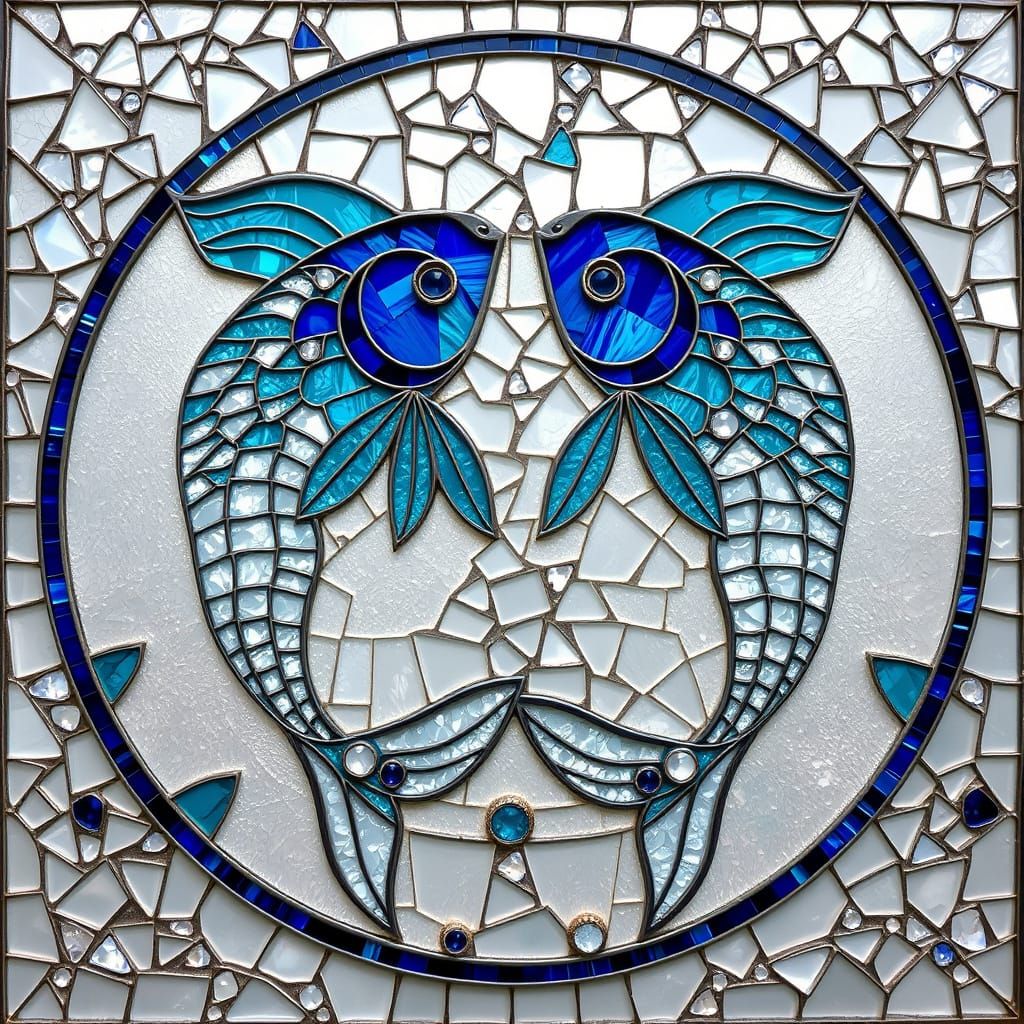 Pisces Zodiac in Stained Glass Art Nouveau Mosaic
