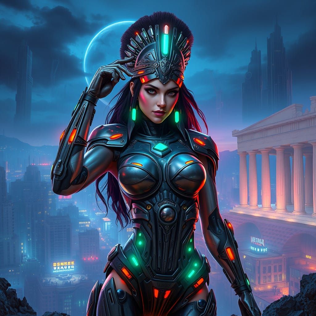 Cyberpunk Goddess in Dystopian Athens Cityscape
