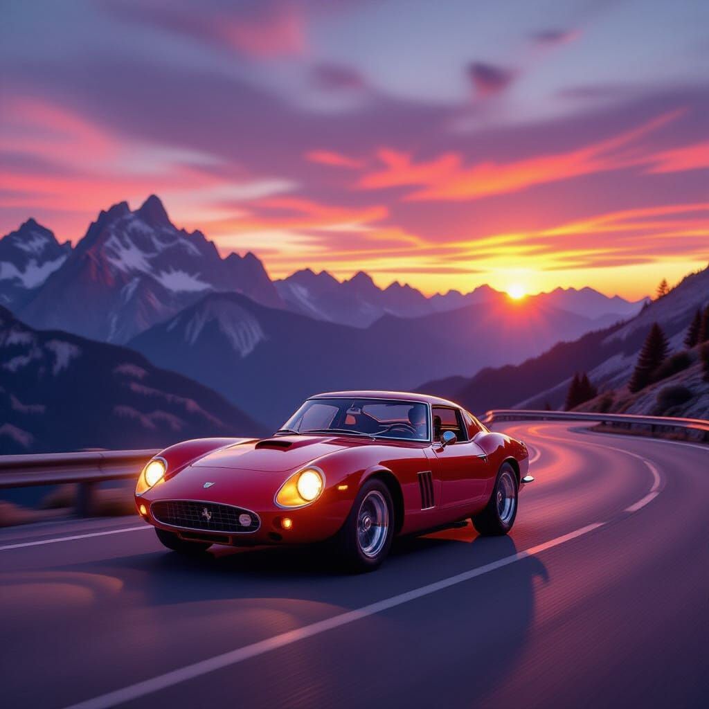 Vintage Red Sports Car on Mountain Road at Sunset