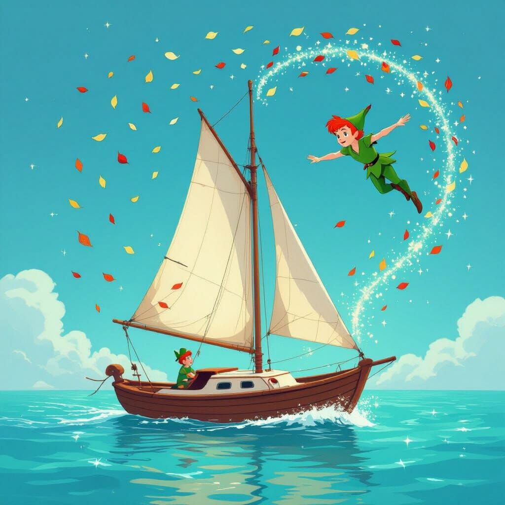 Peter Pan and Sailboat on Sparkling Water, Whimsical Style