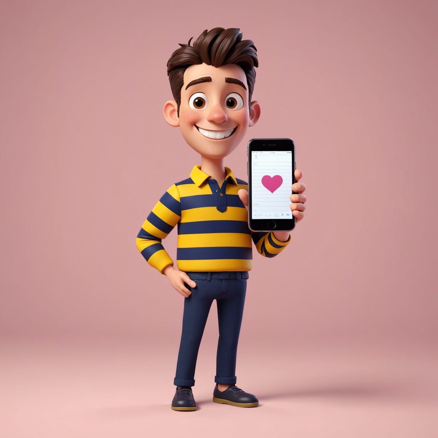 Smiling 3D Character Holding iPhone