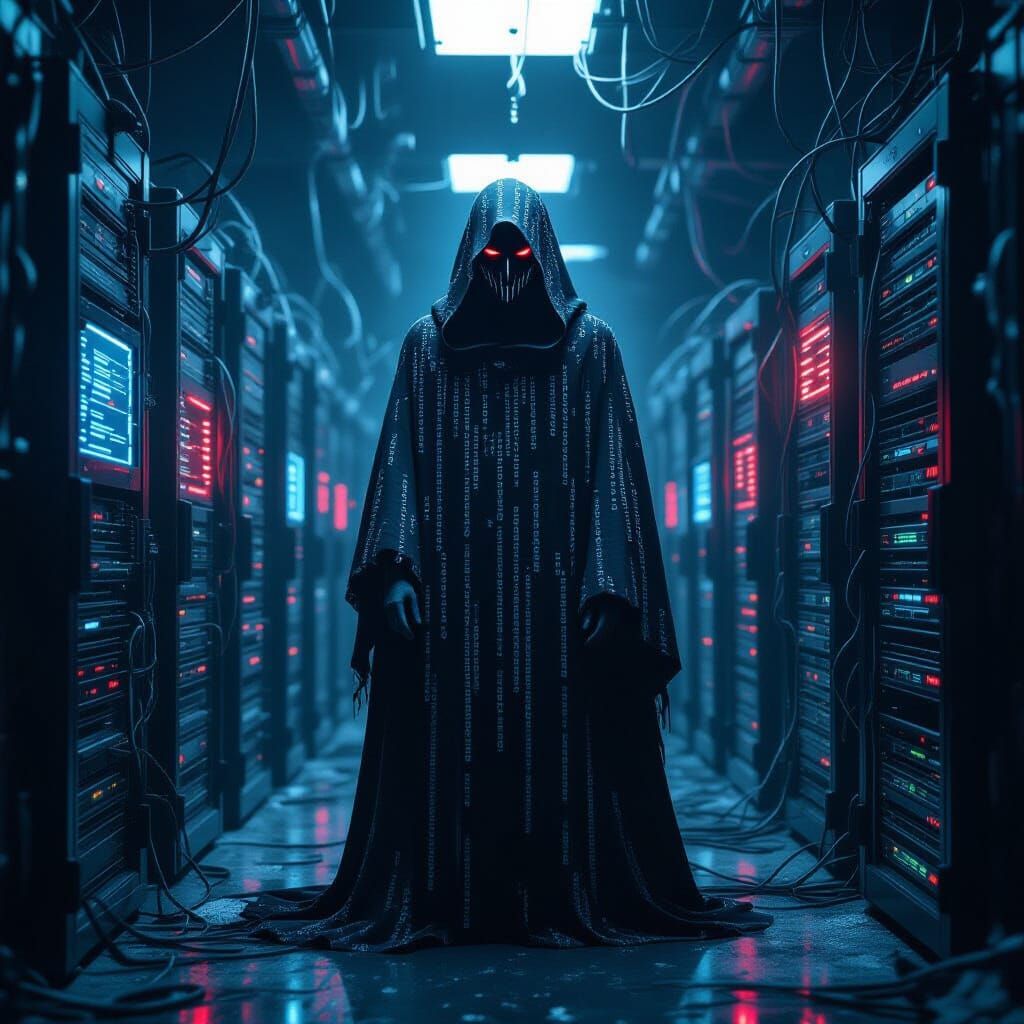 Faceless Figure in Desolate Server Room