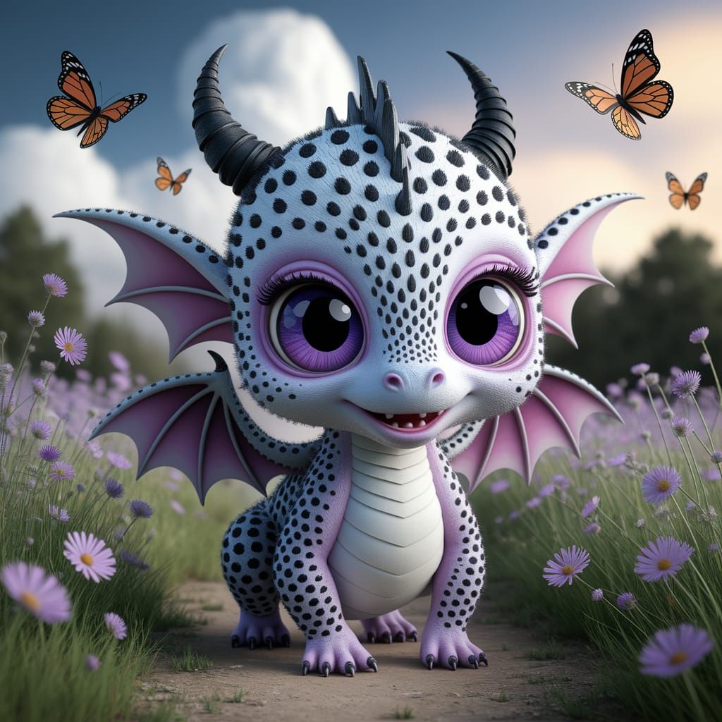 Whimsical Cartoon Baby Dragon Chases Butterflies in Wildflow...