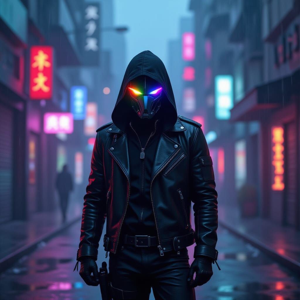 Cyberpunk Lone Wolf in Neon Alleyway