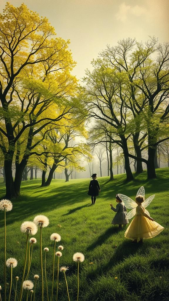 Dreamlike Autumn Landscape with Children and Fairy