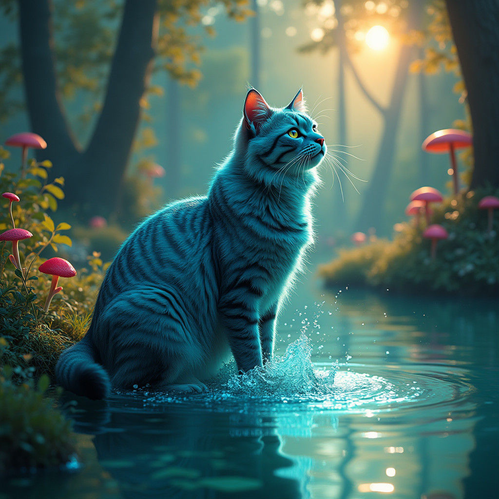 Iridescent Cat at Crystal Lake: Fantasy Concept Art