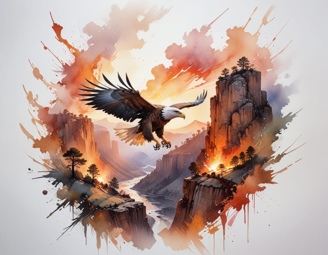 Cinematic Eagle Soars Over Canyon River at Fiery Sunset