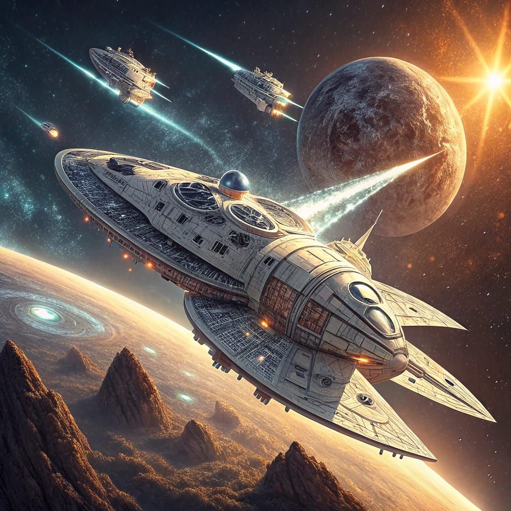Gleaming Spaceships Soar Through Cosmic Starfield