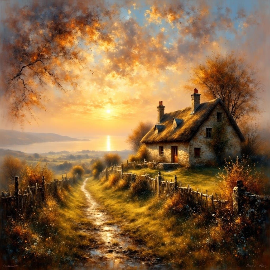 Scottish Farm at Sunset Oil Painting