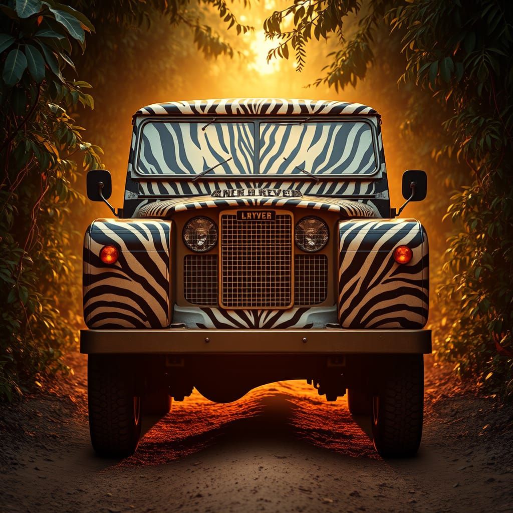 Golden Light on Zebra-Skinned Land Rover in African Jungle