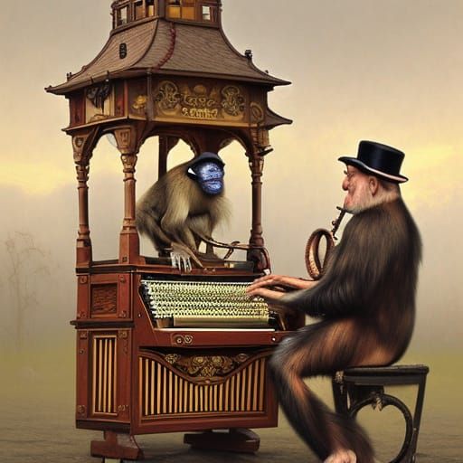 Steampunk Organ Grinder with Monkey: Victorian Street Scene
